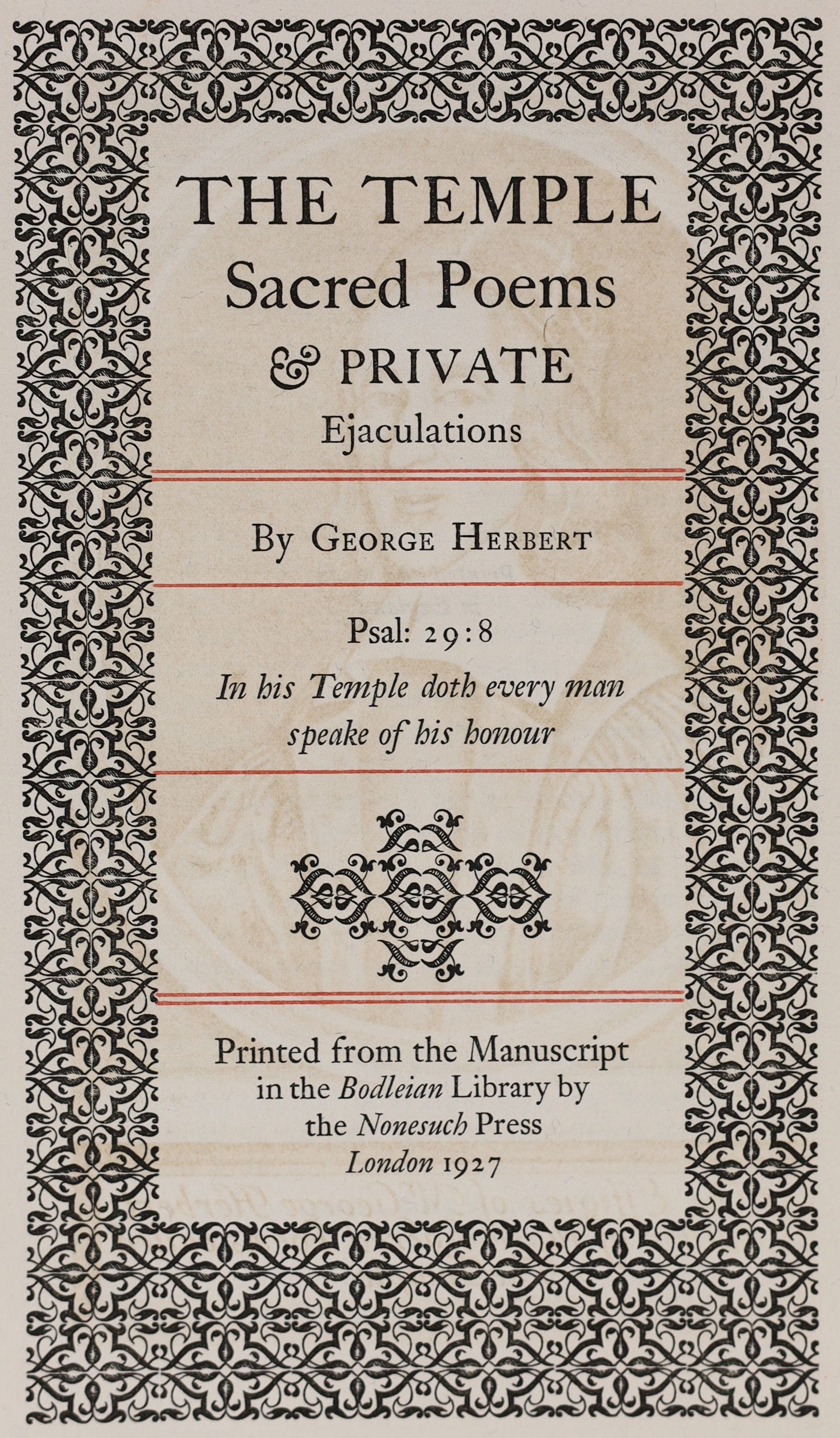 Nonesuch Press - Herbert, George - The Temple, one of 1500, 8vo, red brocade over boards, 1927; Salomons, Vera - Charles Eisen, one of 100, 8vo, original red paper covered boards, gilt-stamped pattern of fleur-de-lys, Jo